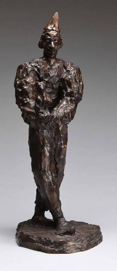 Clown tenant un ours en peluche, sculpture expressionniste unique en bronze