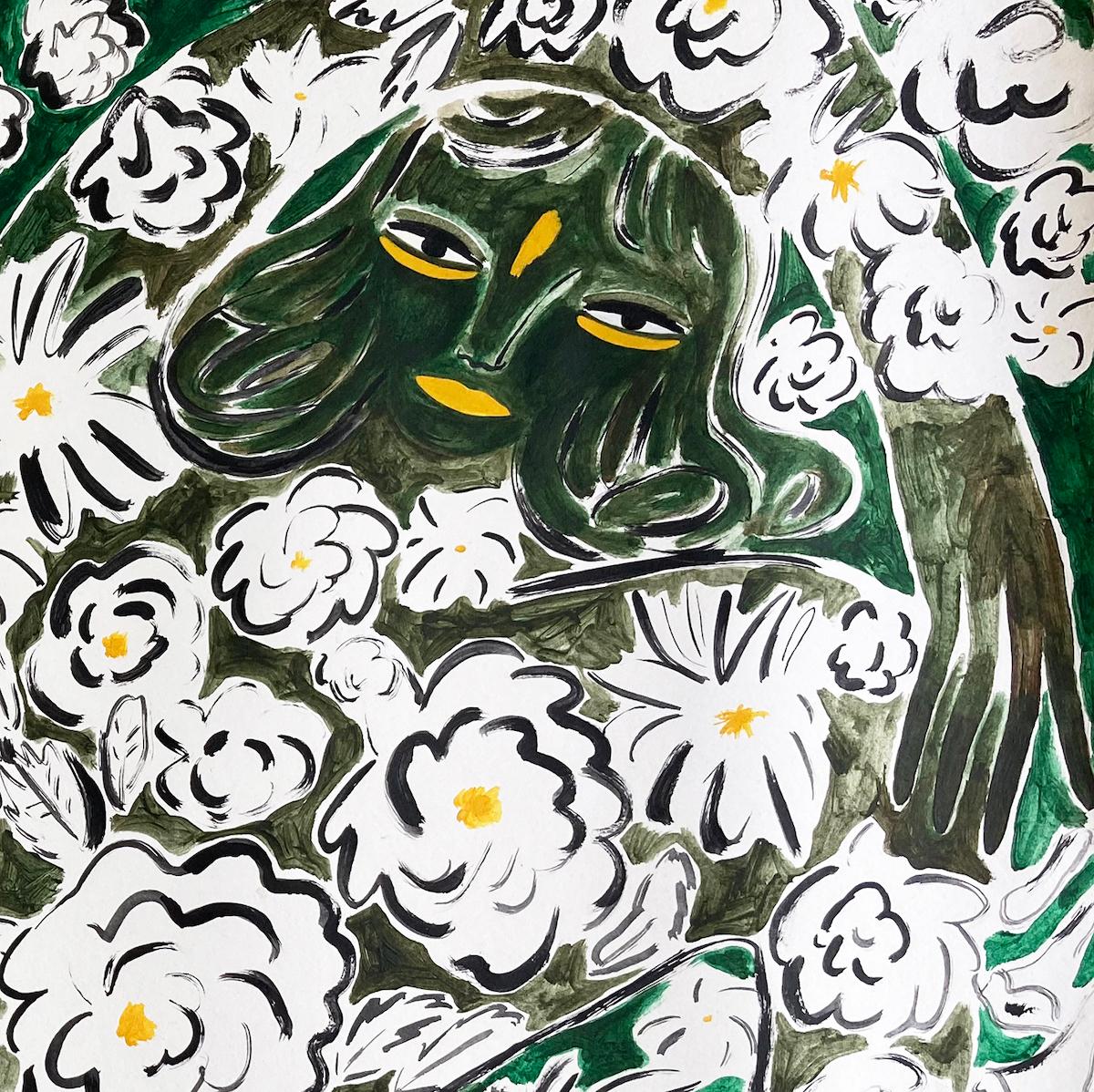 Garden Spirit No.1, Quadro figurativo floreale originale, Arte naïf, Arte originale 1