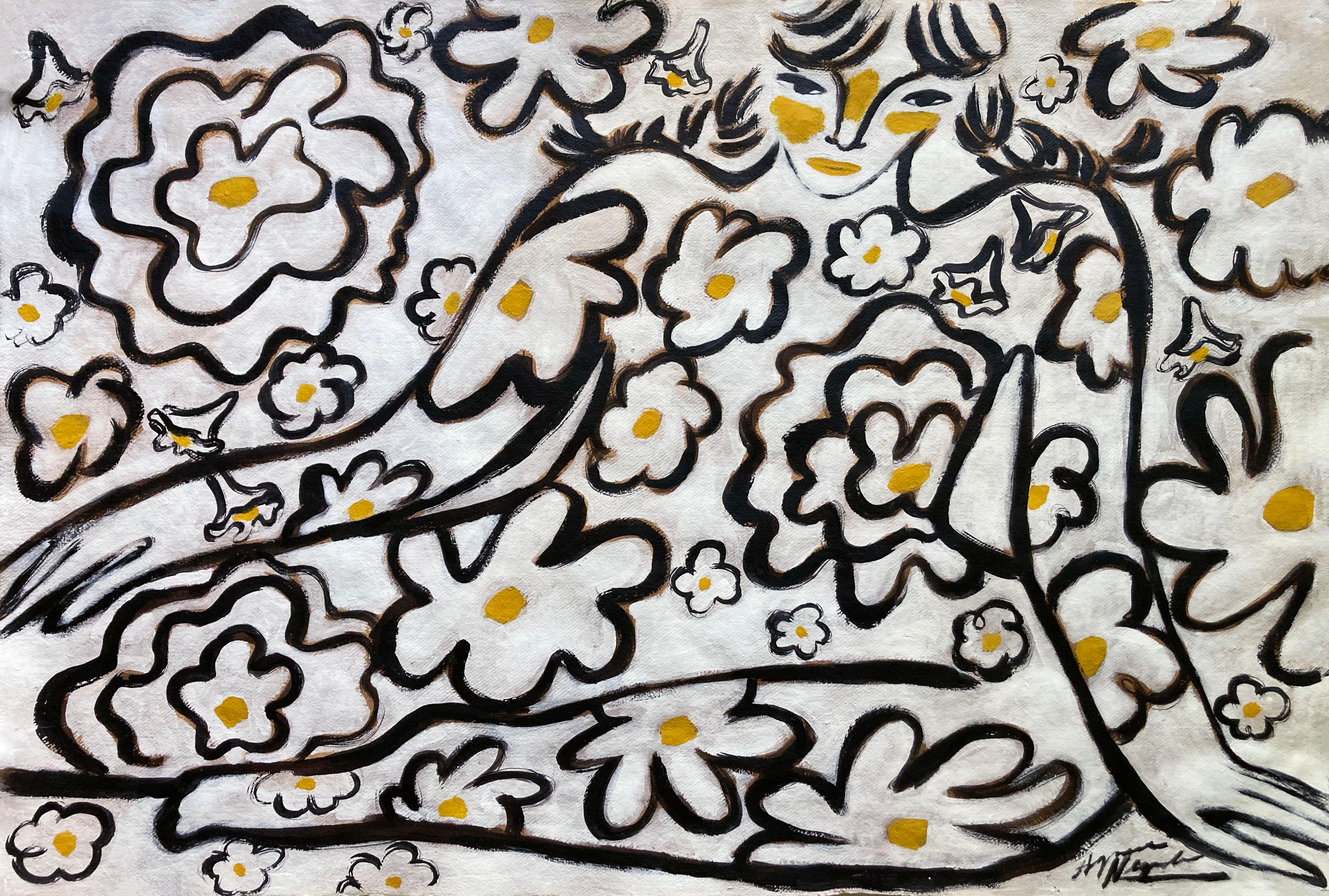 Espíritu de jardín nº 10, Arte original, Mujer, Floral, Arte contemporáneo - Abstract Painting Gris de Agnese Negriba