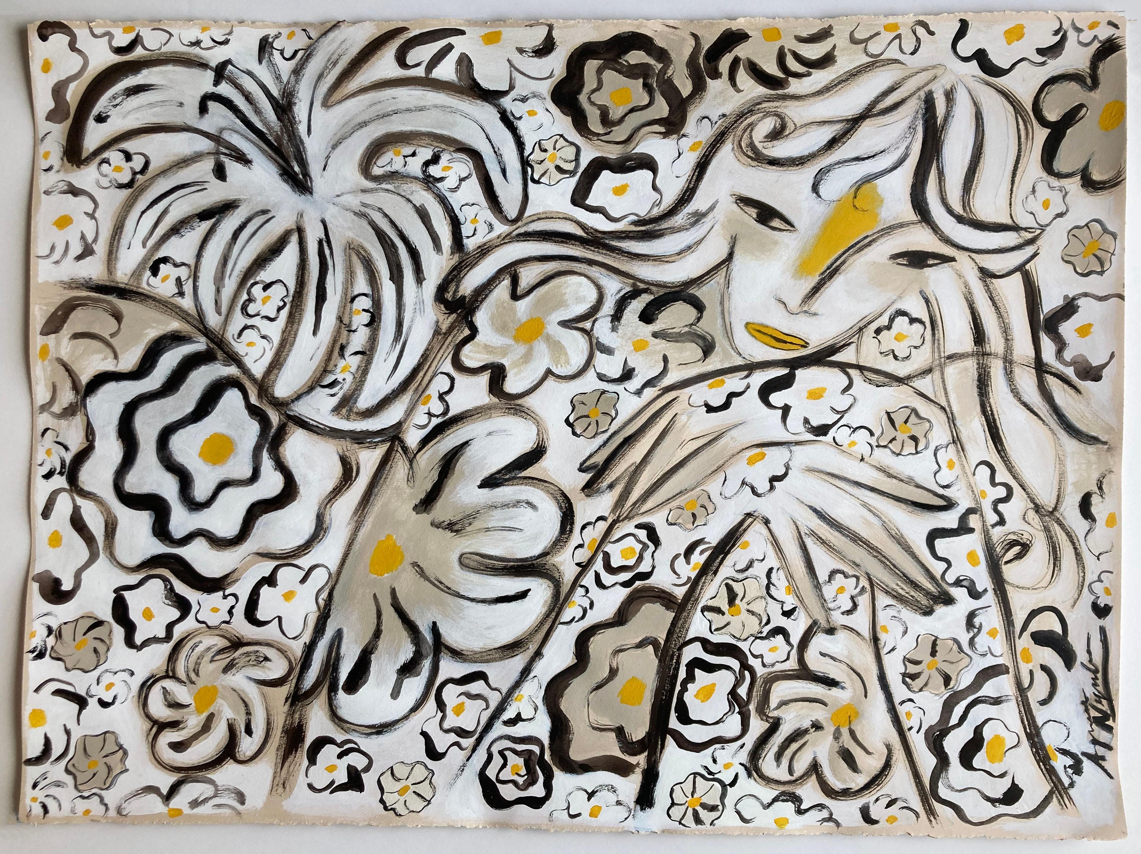 Quadro originale di Agnese Negriba. La figura femminile è raffigurata in posizione reclinata e si sta godendo un momento di contemplazione e relax in uno spazio profumato e fiorito. Il colore dominante è il bianco. L'opera è dipinta su un foglio di