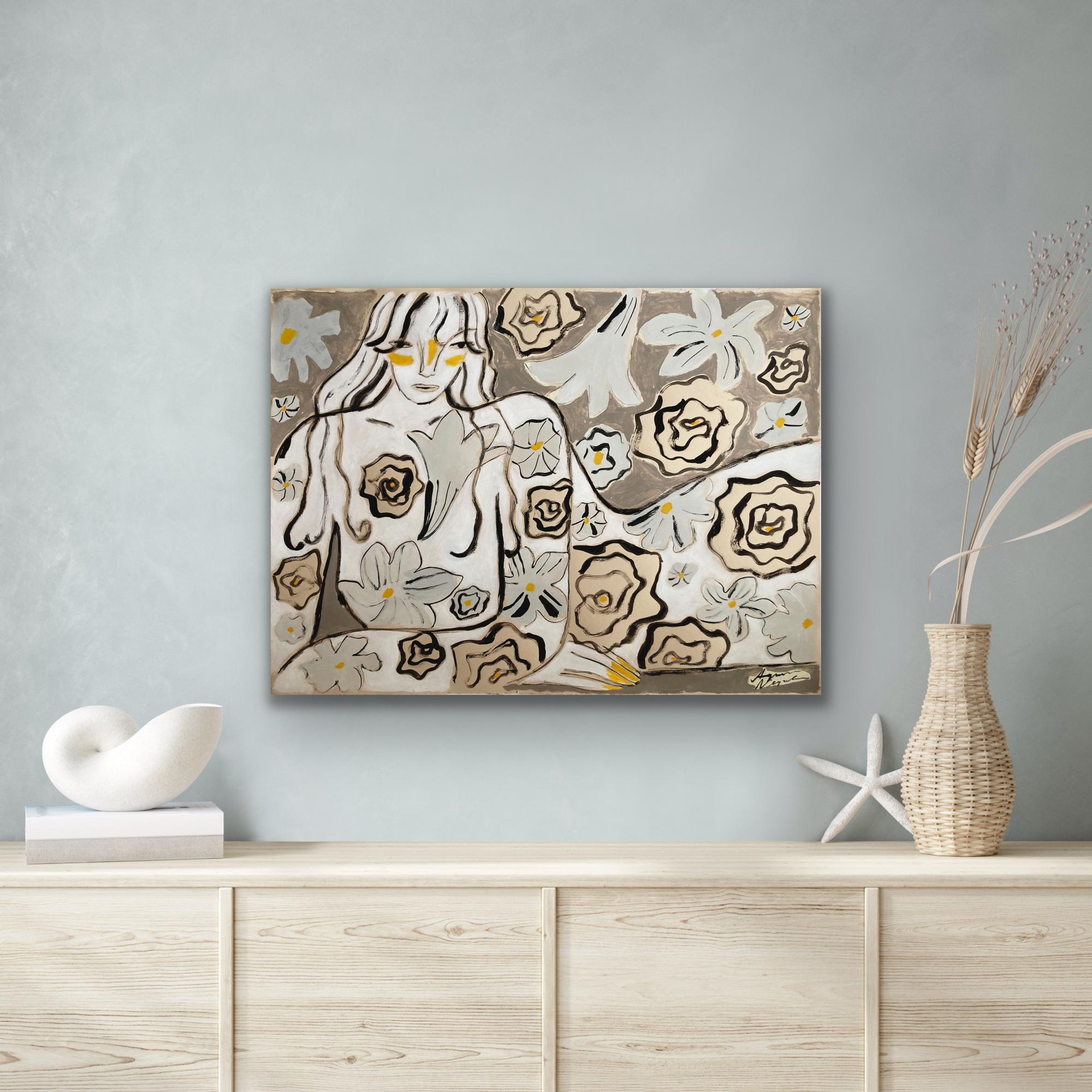 Peinture originale d'Agnese Negriba. Le personnage féminin est représenté en position allongée et profite d'un moment de contemplation et de détente dans un espace parfumé et fleuri. Les couleurs dominantes sont le blanc, le gris et le beige.