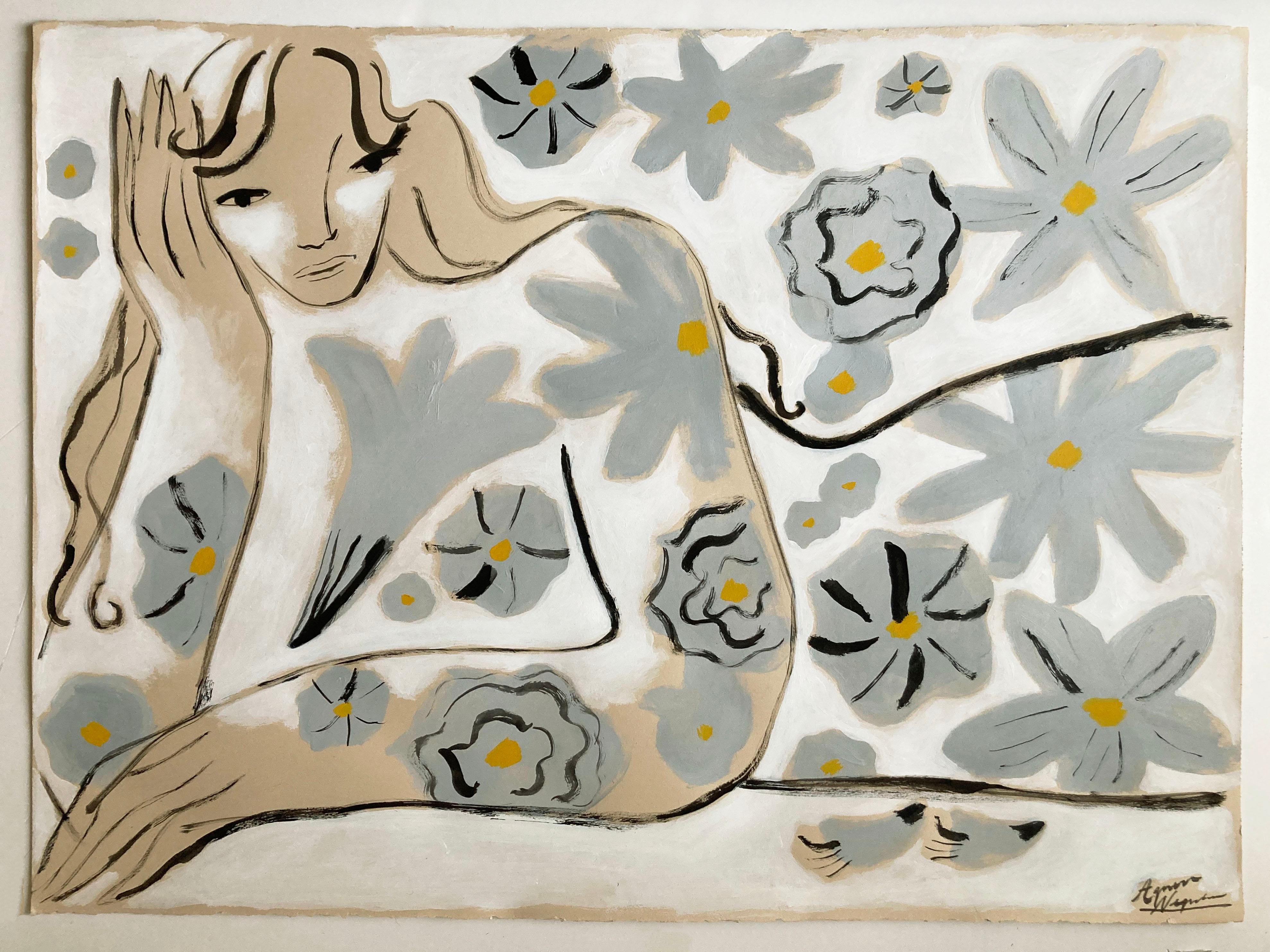 Quadro originale di Agnese Negriba. La figura femminile è raffigurata in posizione reclinata e si sta godendo un momento di contemplazione e relax in uno spazio profumato e fiorito. I colori dominanti sono il bianco e il grigio. L'opera d'arte è