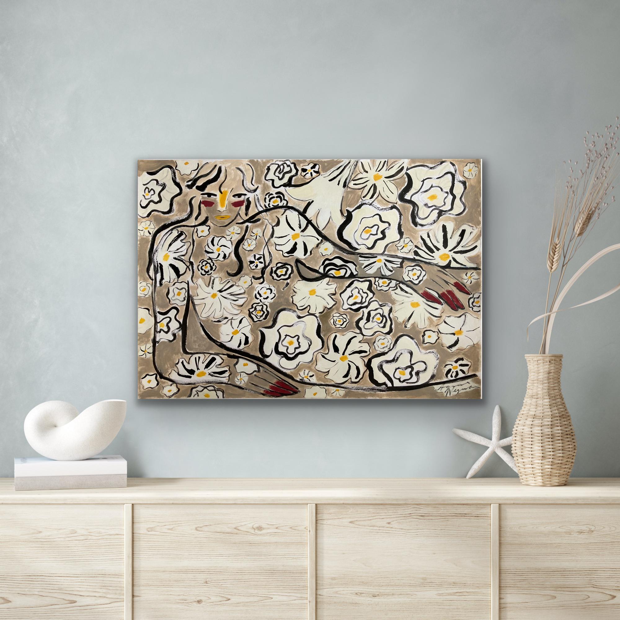 Garden Spirit no.16, peinture originale, contemporaine, abstraite, portrait - Beige Portrait Painting par Agnese Negriba
