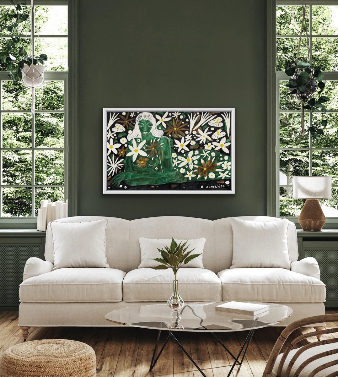 Green Garden Spirit, Floral Figurative Contemporary Original painting - Painting by Agnese Negriba