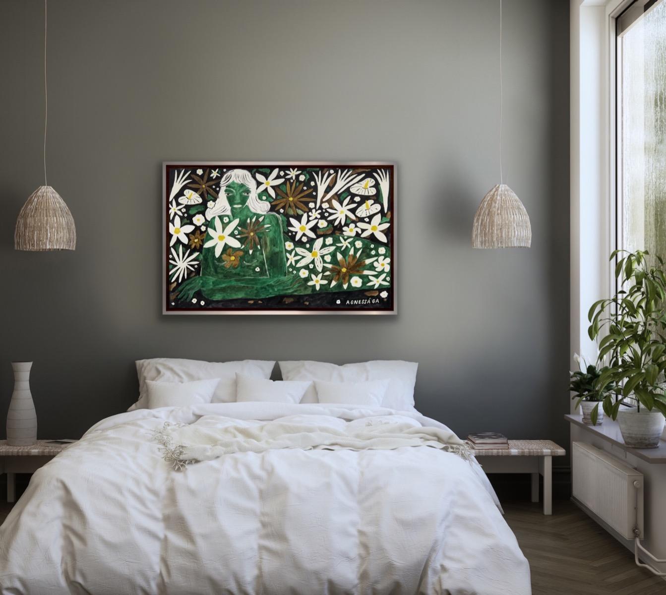 Green Garden Spirit, Floral Figurative Contemporary Original painting For Sale 3