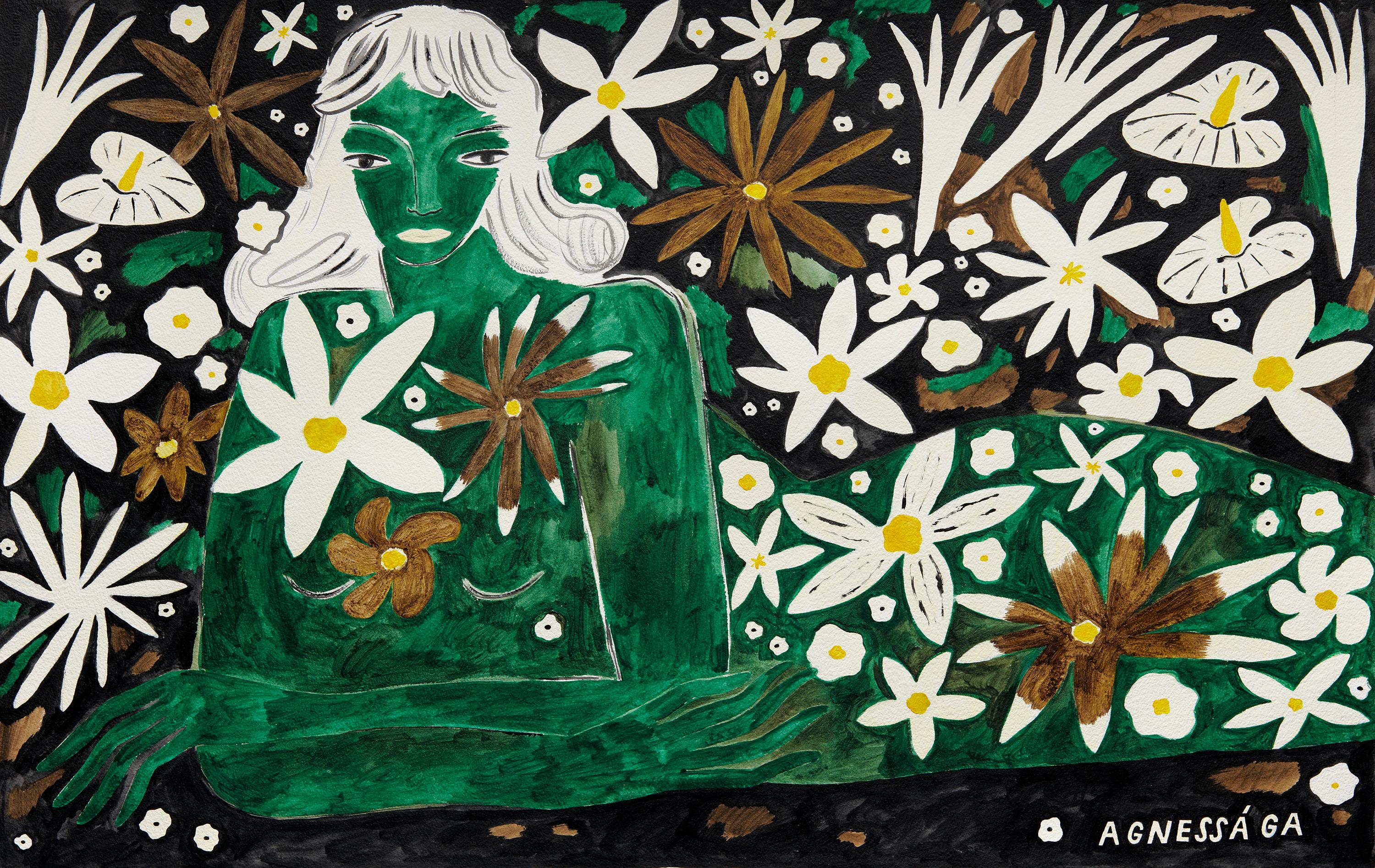Agnese Negriba Figurative Painting - Green Garden Spirit, Floral Figurative Contemporary Original painting