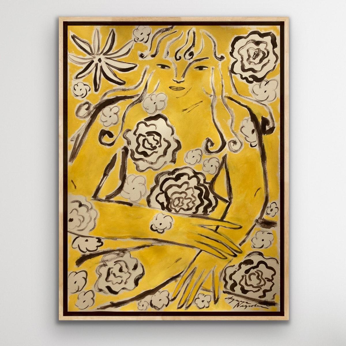 Pintura original de Agnese Negriba. La figura femenina está sentada y disfruta de un momento de contemplación y relajación en un espacio perfumado y florido. El color dominante es el amarillo. La obra está pintada sobre una hoja de papel Fine Art