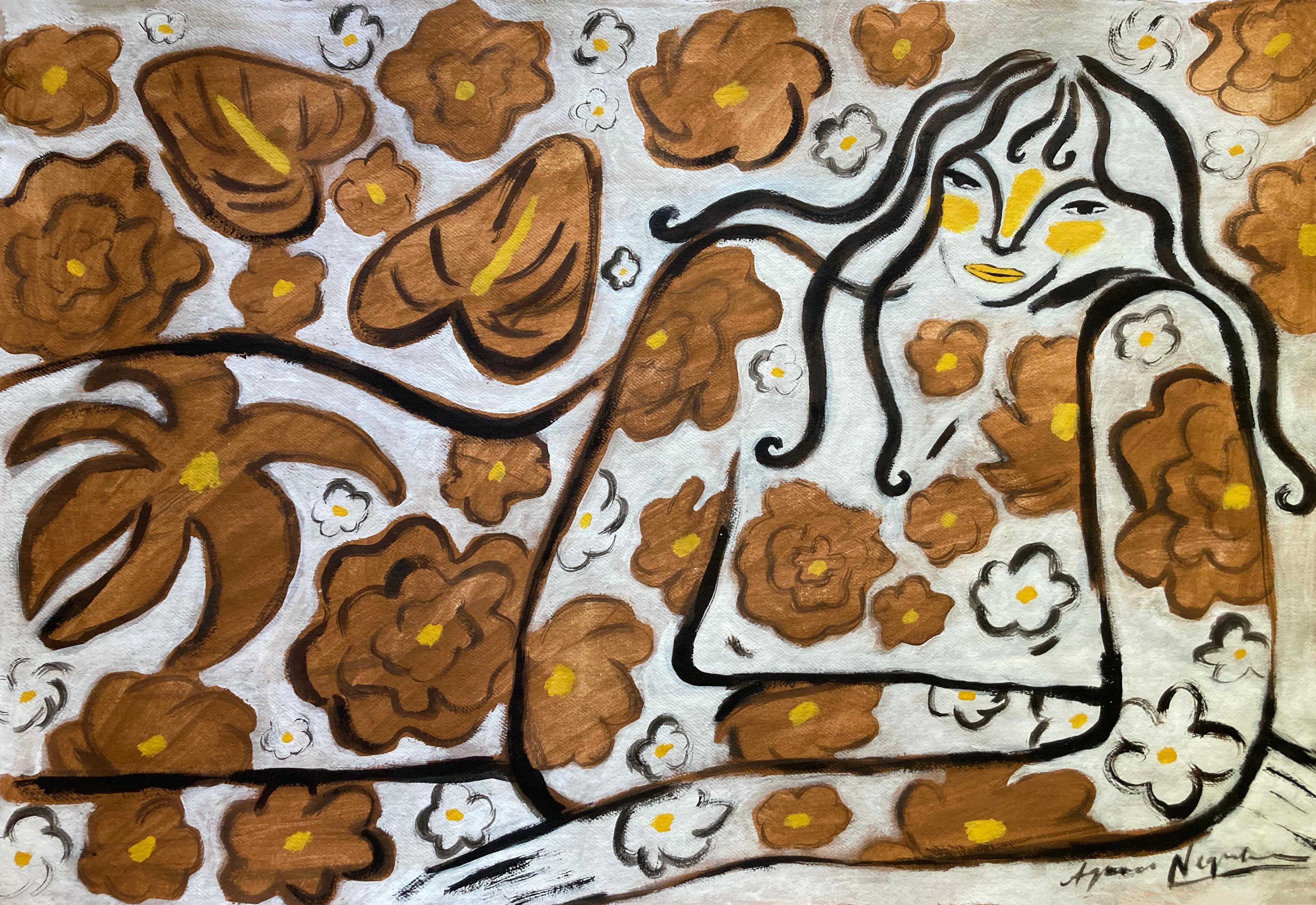 Espíritu de la selva nº 7, Arte original, Mujer, Floral, Arte contemporáneo - Painting Contemporáneo de Agnese Negriba