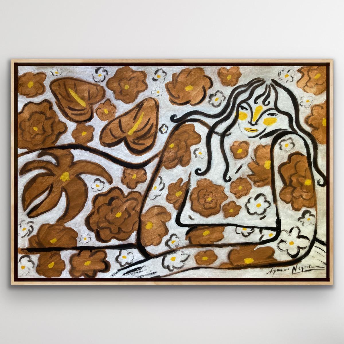 Espíritu de la selva nº 7, Arte original, Mujer, Floral, Arte contemporáneo - Abstract Painting Marrón de Agnese Negriba