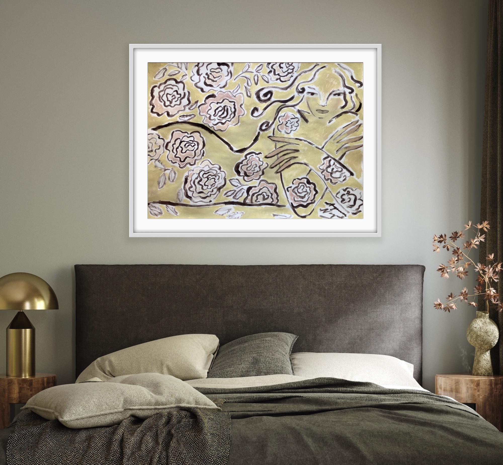 Espíritu de Jardín Reclinado en Rosas, Arte Original, Mujer, Floral, Arte Contemporáneo en venta 6