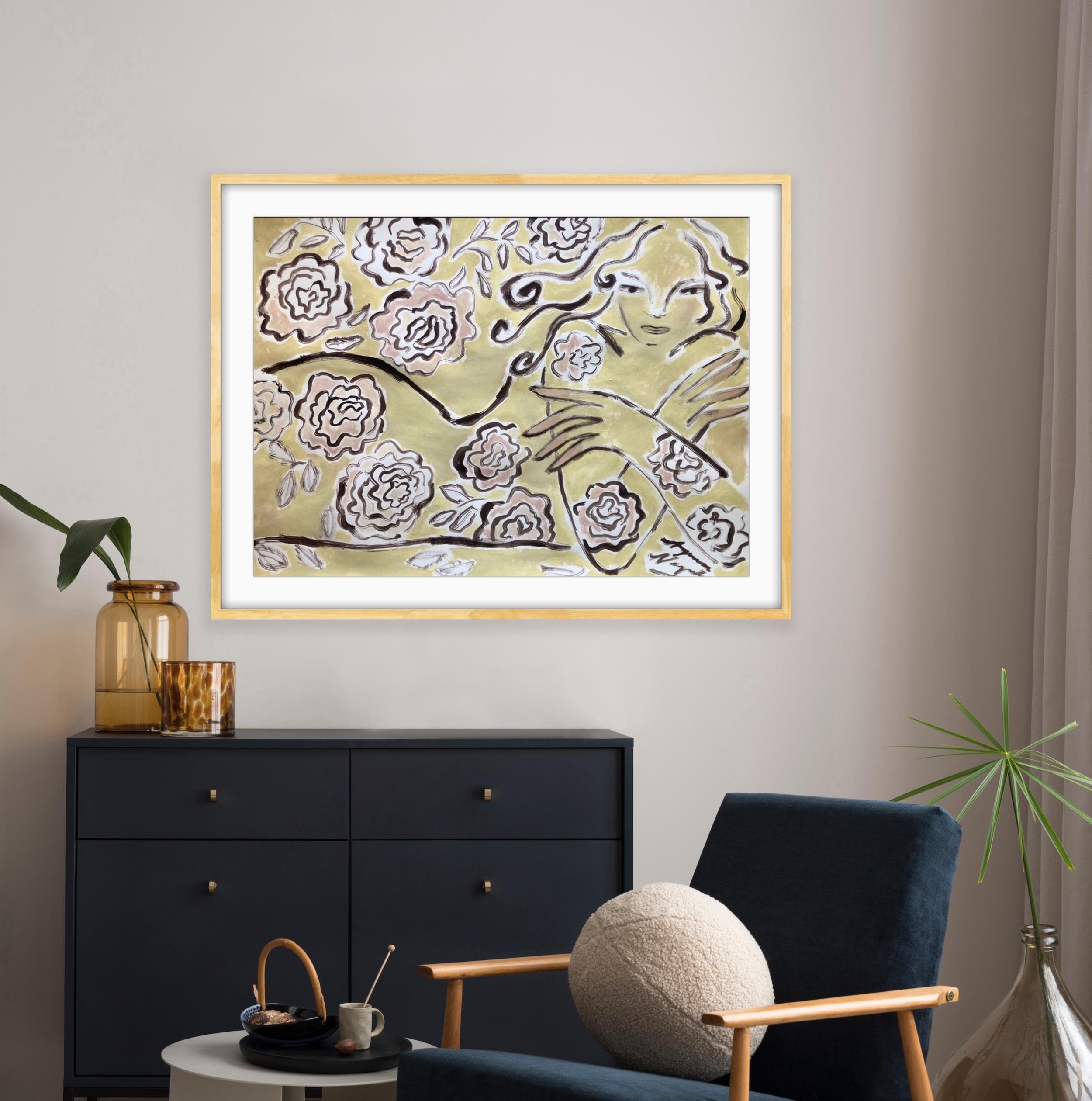 Espíritu de Jardín Reclinado en Rosas, Arte Original, Mujer, Floral, Arte Contemporáneo en venta 7