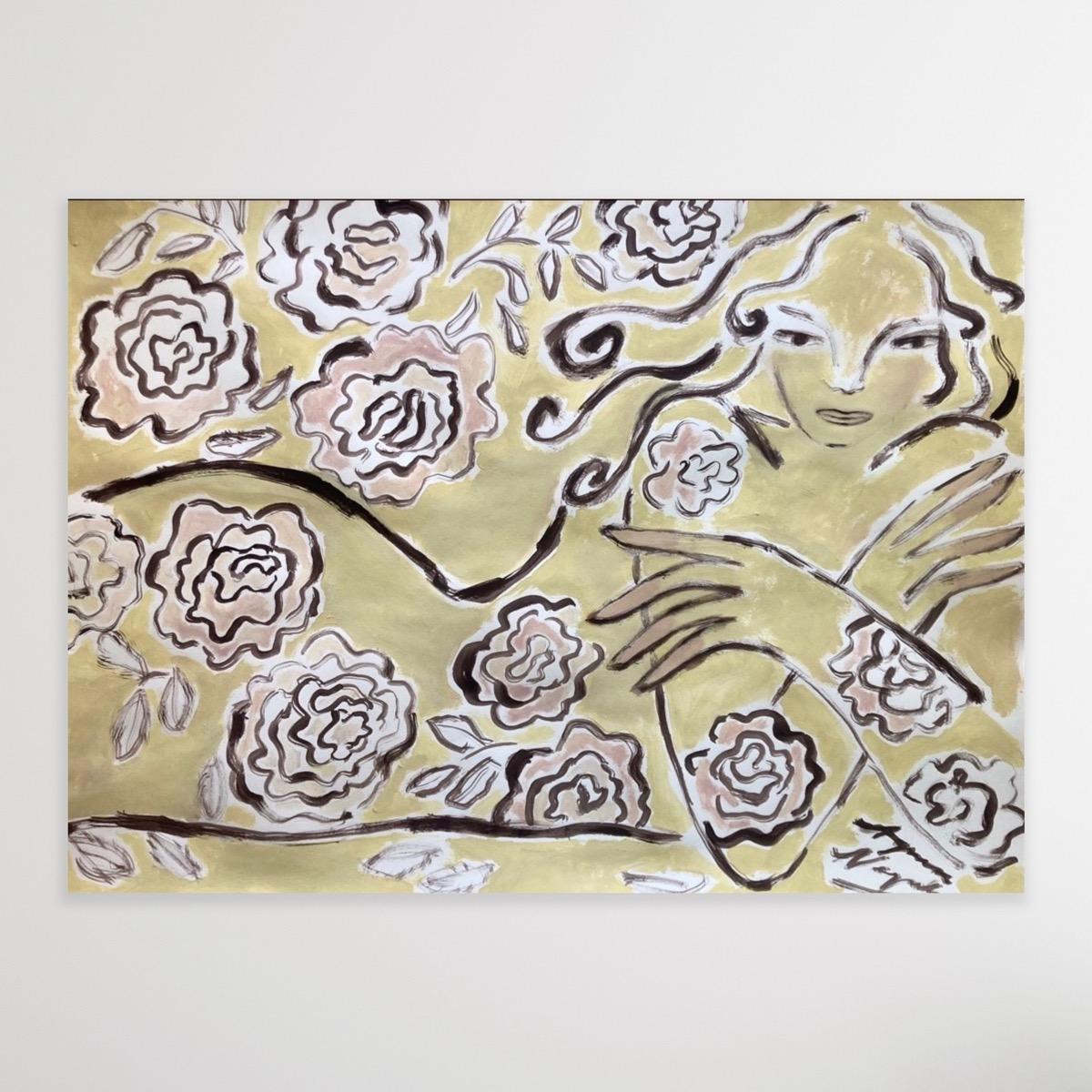 Espíritu de Jardín Reclinado en Rosas, Arte Original, Mujer, Floral, Arte Contemporáneo - Painting de Agnese Negriba