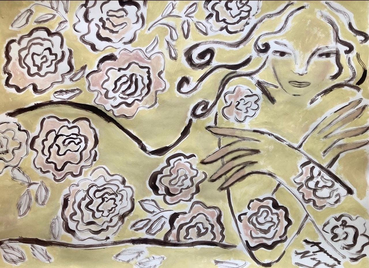 Espíritu de Jardín Reclinado en Rosas, Arte Original, Mujer, Floral, Arte Contemporáneo en venta 4