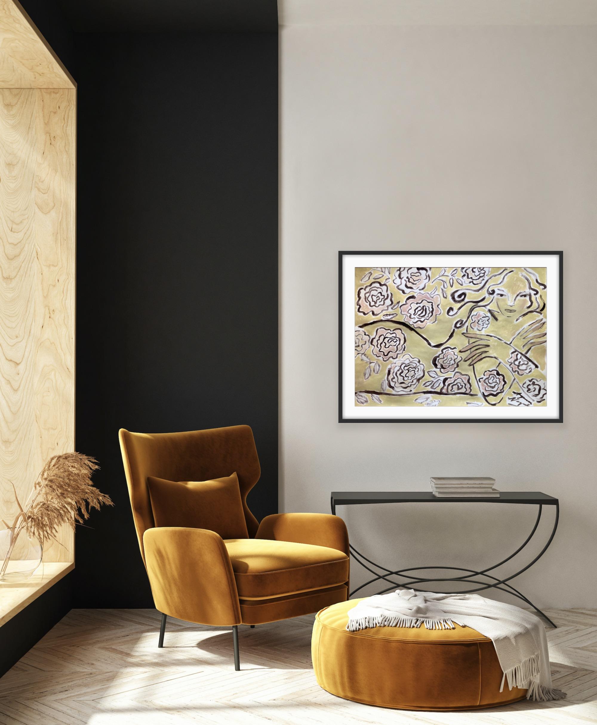 Espíritu de Jardín Reclinado en Rosas, Arte Original, Mujer, Floral, Arte Contemporáneo en venta 5