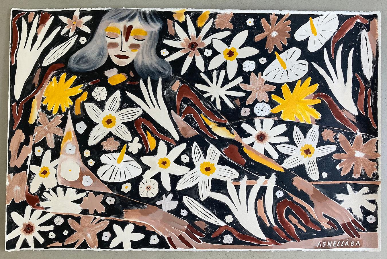 El jard�ín fragante y el mundo de los sueños rodean a la figura que yace en una posición cómoda.
AGNESSAGA (Agnese Tauriņa) es una creadora de imágenes que trabaja en disciplinas como la ilustración, el diseño gráfico y las bellas artes, y cuya obra