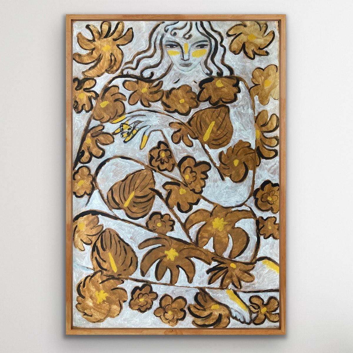 Agnese Negriba Jungle Spirit no. 2 Peinture figurative originale Pigments naturels, peinture acrylique, gouache japonaise sur papier fait main en Inde Taille de l'image : 100 cm x 70 cm Format de la feuille : 100 cm x 70 cm Vendue sans cadre Garden