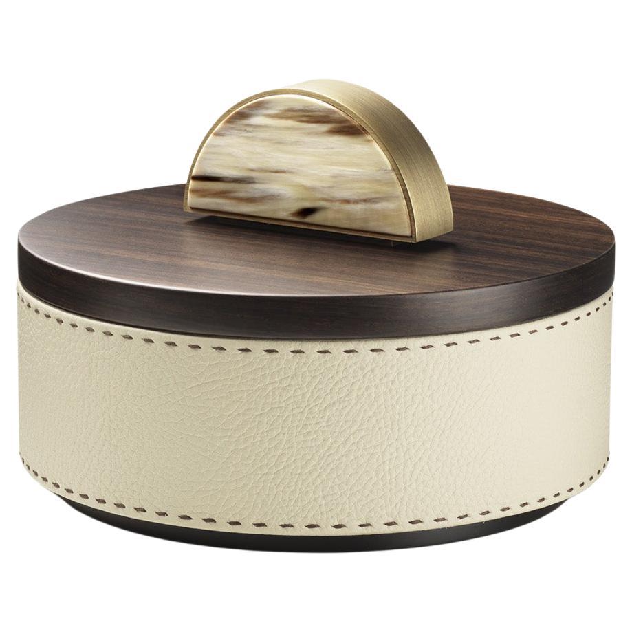 Agneta Round Box in Pebbled leather with Handle in Corno Italiano, Mod. 4483 For Sale