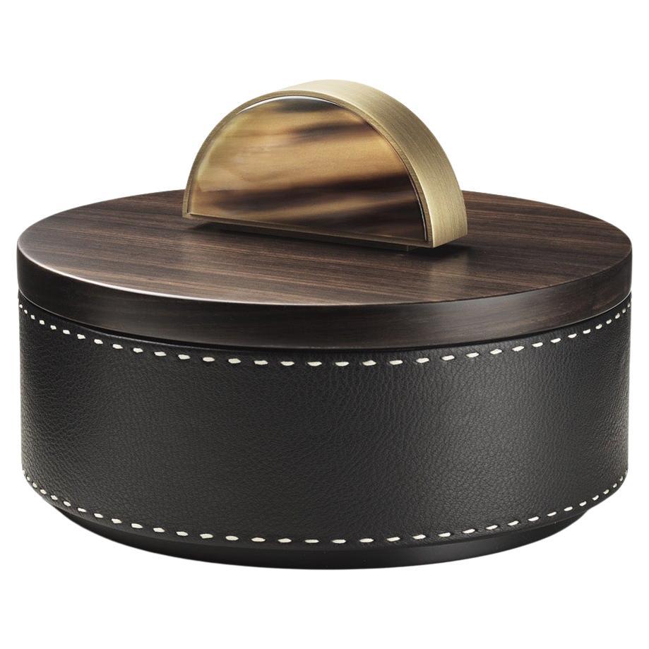 Boîte ronde Agneta en cuir grainé avec poignée en Corno Italiano, Mod. 4488 en vente