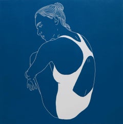 A swimmer 4. Monochromatic Figurative Linocut Print, Woman, Blue, Polish artist