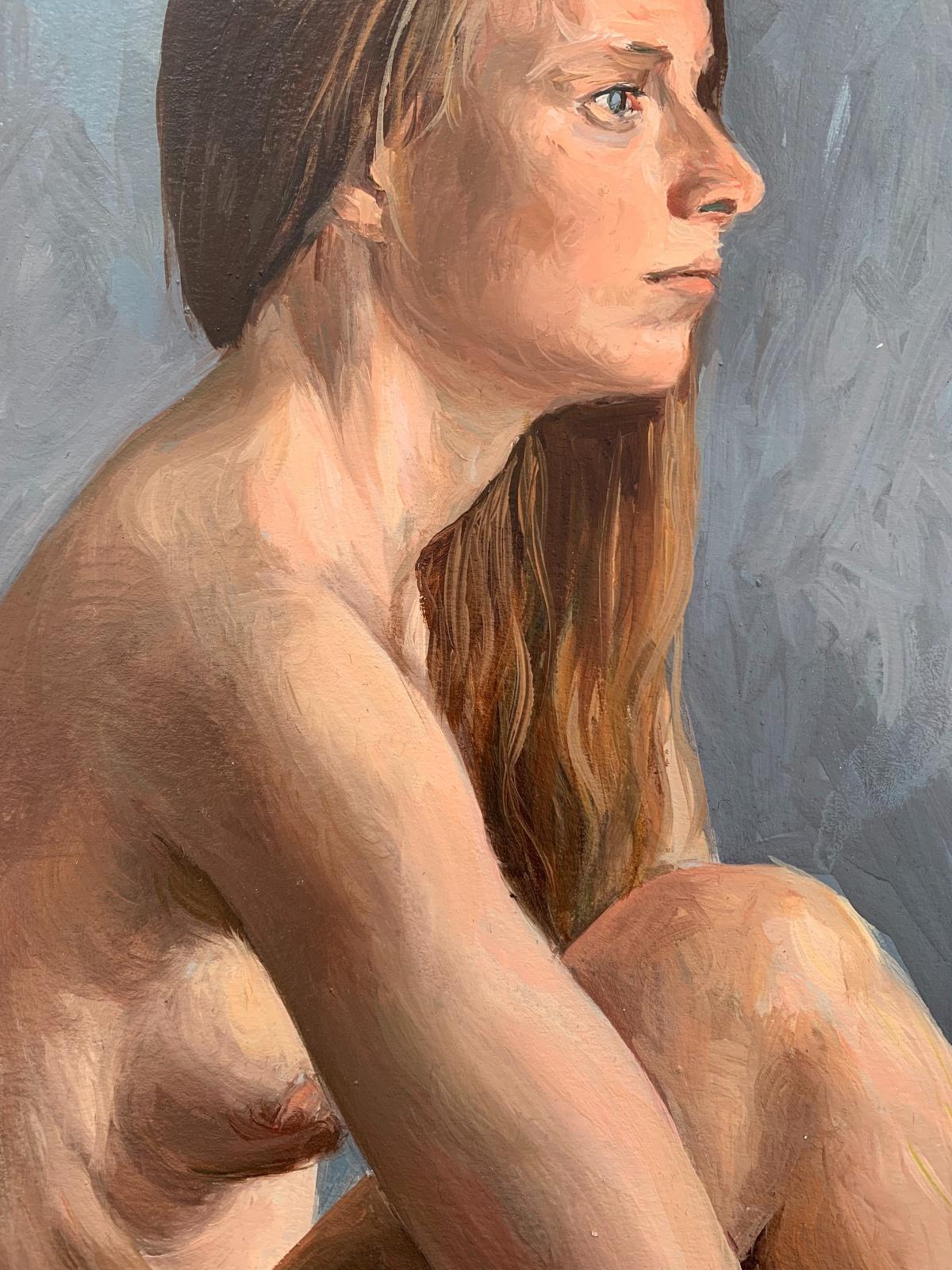 A  Akt - Realistische Ölmalerei, Warme Töne, Junge polnische Künstlerin (Braun), Figurative Painting, von Agnieszka Staak-Janczarska