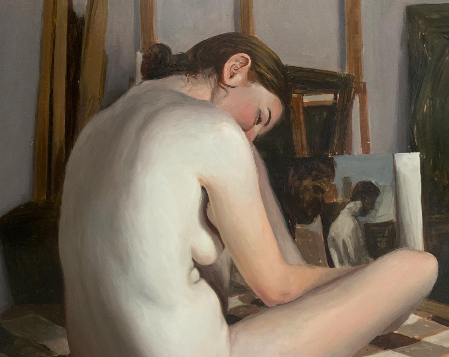 Un seduto 1. Pittura ad olio figurativa realistica, Nudo, Arte emergente polacca - Painting di Agnieszka Staak-Janczarska