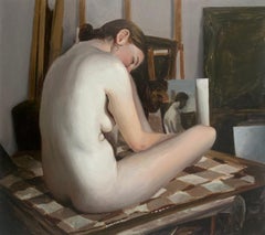 Un seduto 1. Pittura ad olio figurativa realistica, Nudo, Arte emergente polacca