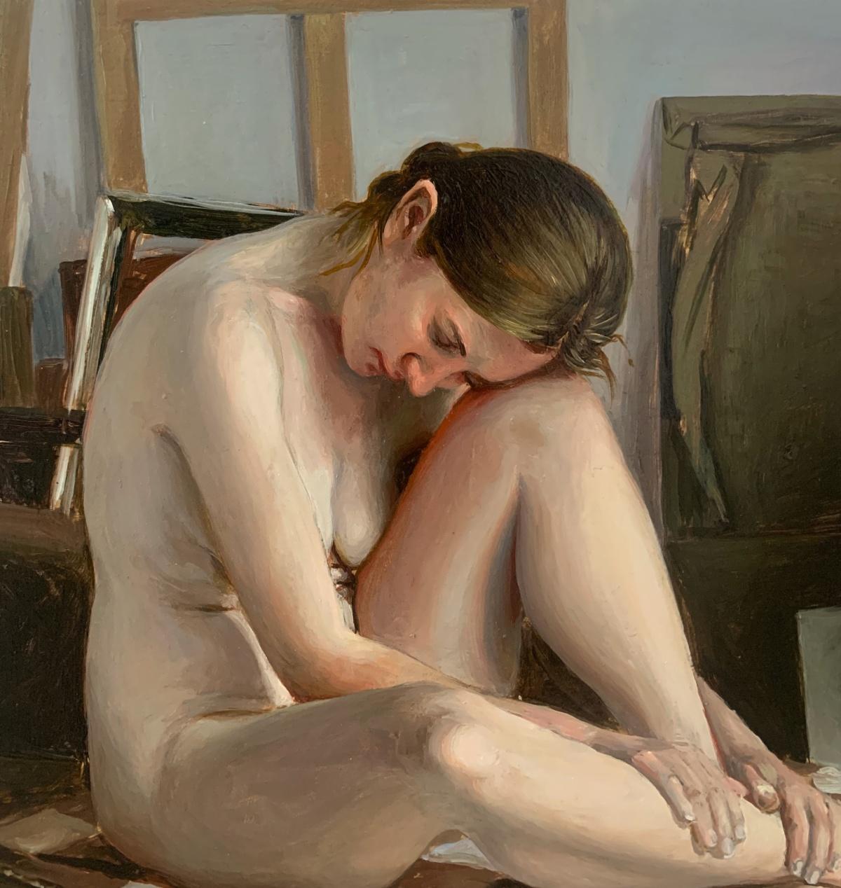 Un seduto 2. Pittura ad olio figurativa realistica, Nudo, Arte emergente polacca - Painting Naturalismo di Agnieszka Staak-Janczarska