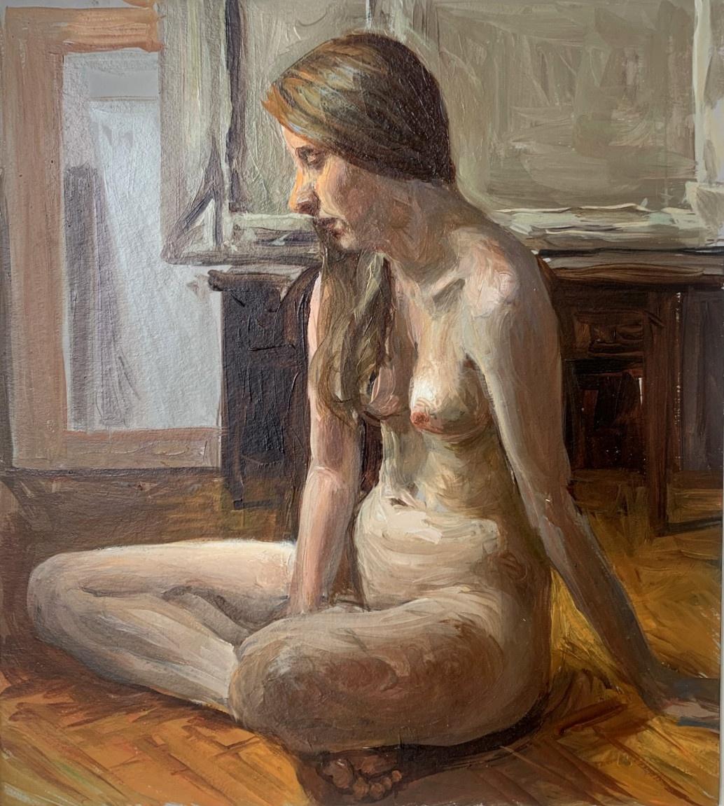 Una niñera... Pintura al óleo figurativa realista, Desnudo, Arte polaco emergente