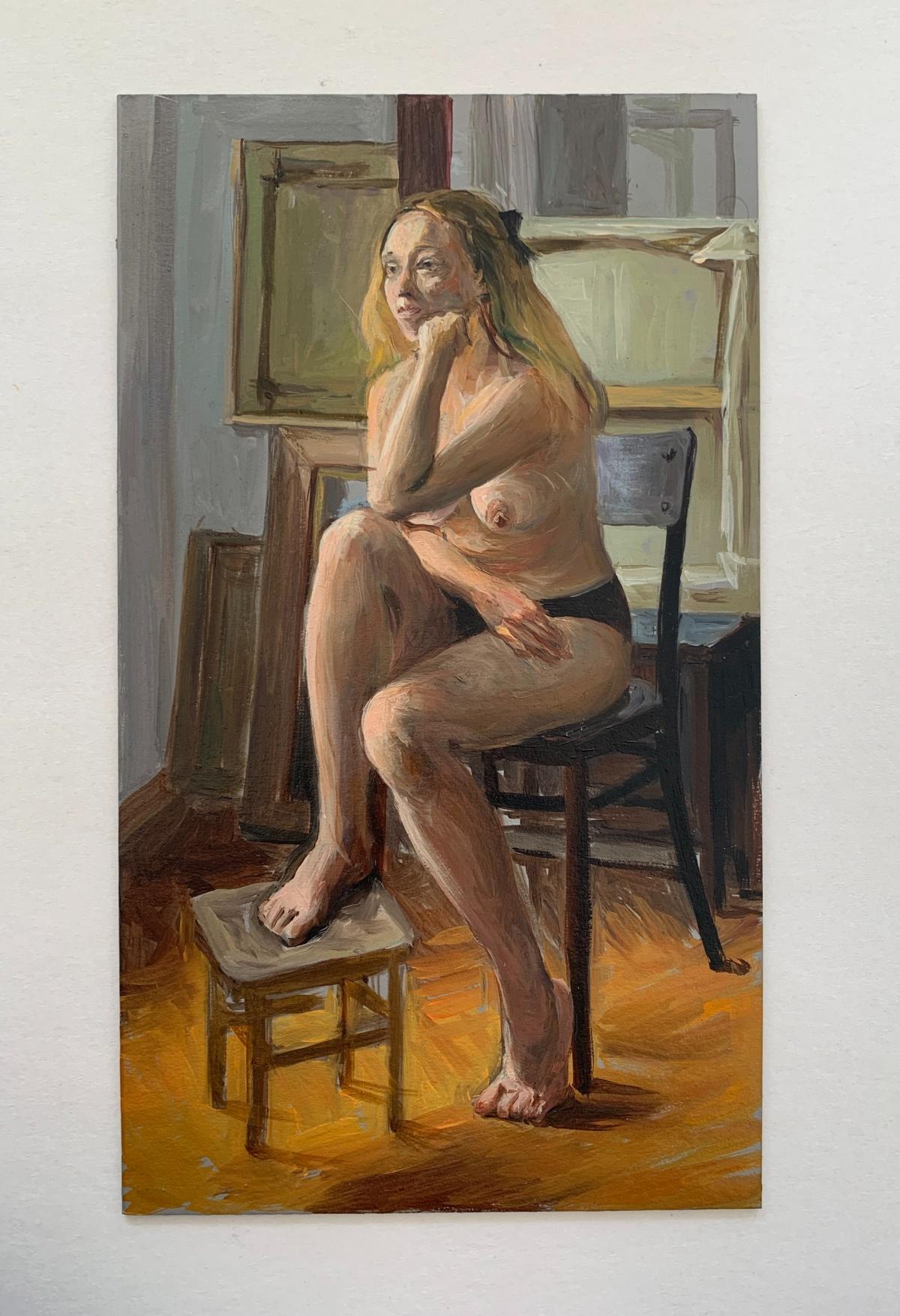 A sitter - Realistic oil painting, Female nude, Warm tones, Young Polish artist - Painting by Agnieszka Staak-Janczarska