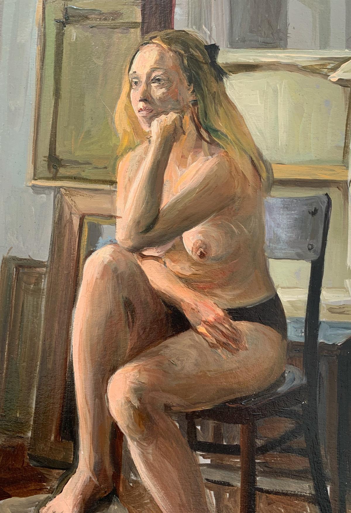 A sitter - Realistic oil painting, Female nude, Warm tones, Young Polish artist - Naturalistic Painting by Agnieszka Staak-Janczarska