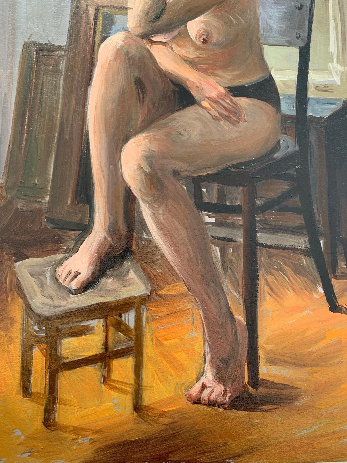 A sitter - Realistic oil painting, Female nude, Warm tones, Young Polish artist - Brown Nude Painting by Agnieszka Staak-Janczarska