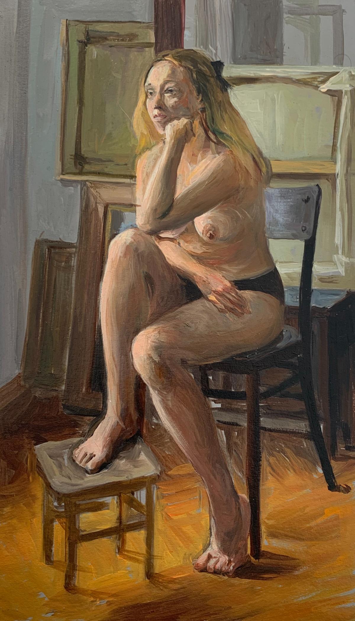 Agnieszka Staak-Janczarska Nude Painting - A sitter - Realistic oil painting, Female nude, Warm tones, Young Polish artist