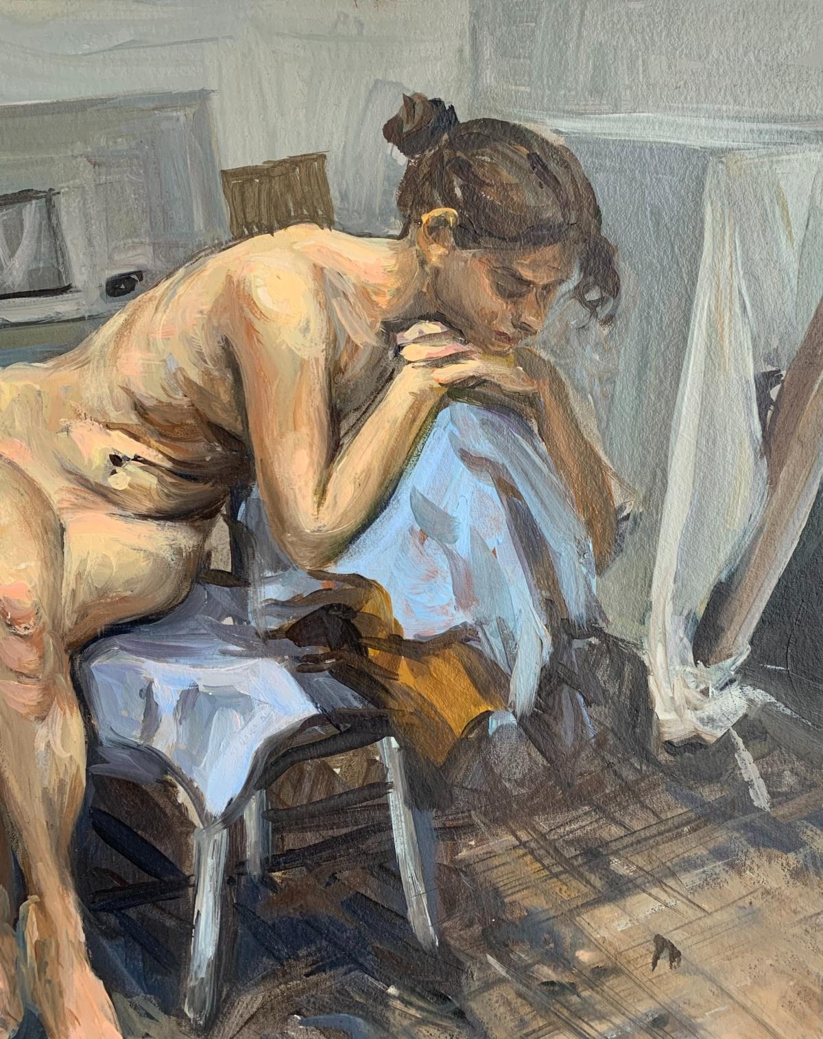 Anna in atelier - Realistic oil painting, Nude, Young Polish artist - Naturalistic Painting by Agnieszka Staak-Janczarska