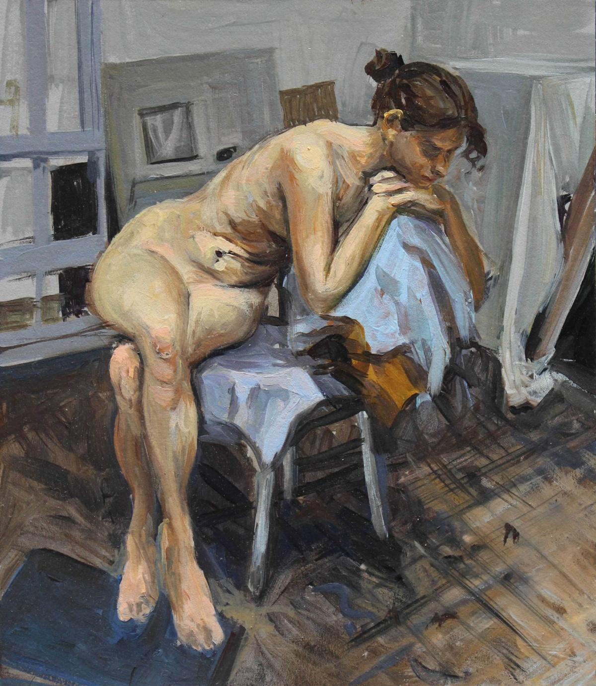 Agnieszka Staak-Janczarska Figurative Painting - Anna in atelier - Realistic oil painting, Nude, Young Polish artist