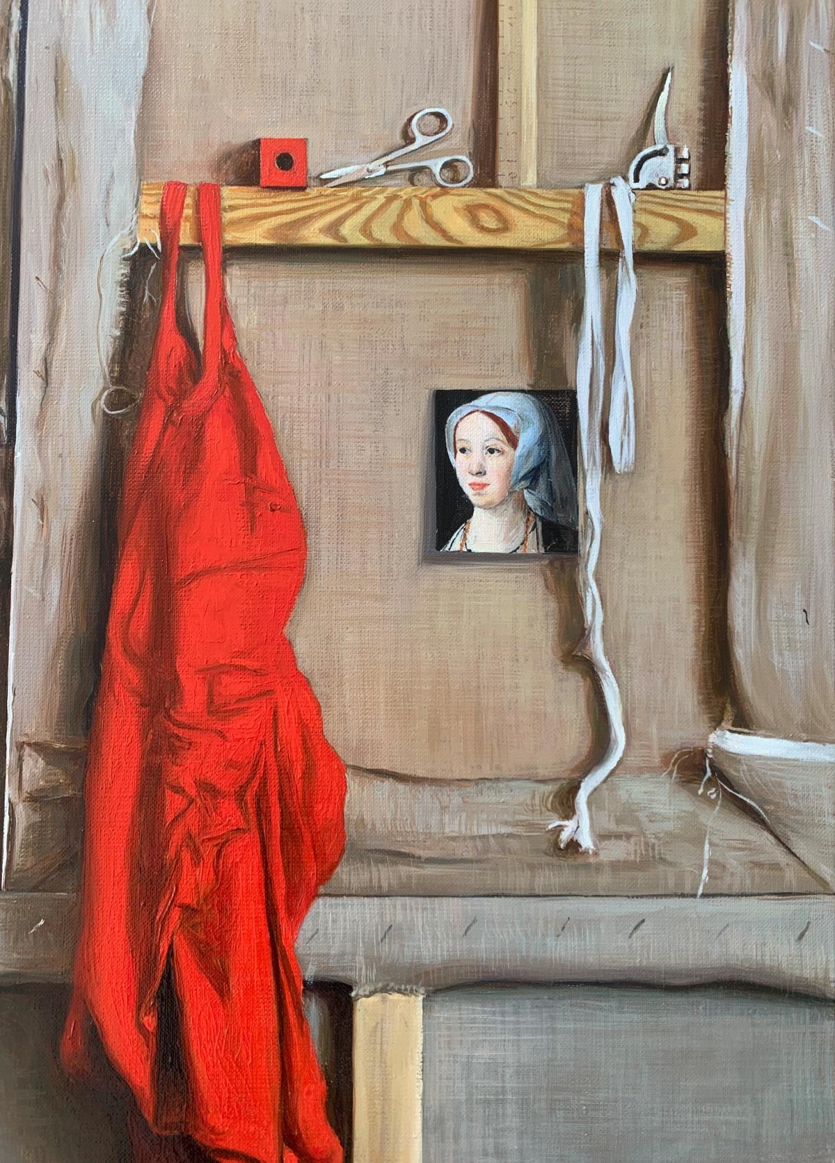 Between paintings. Realistic figurative oil painting, Emerging Polish artist - Naturalistic Painting by Agnieszka Staak-Janczarska