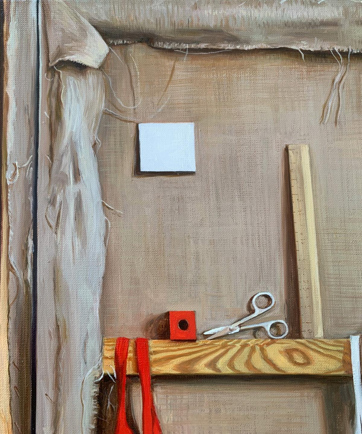 Between paintings. Realistic figurative oil painting, Emerging Polish artist - Brown Figurative Painting by Agnieszka Staak-Janczarska