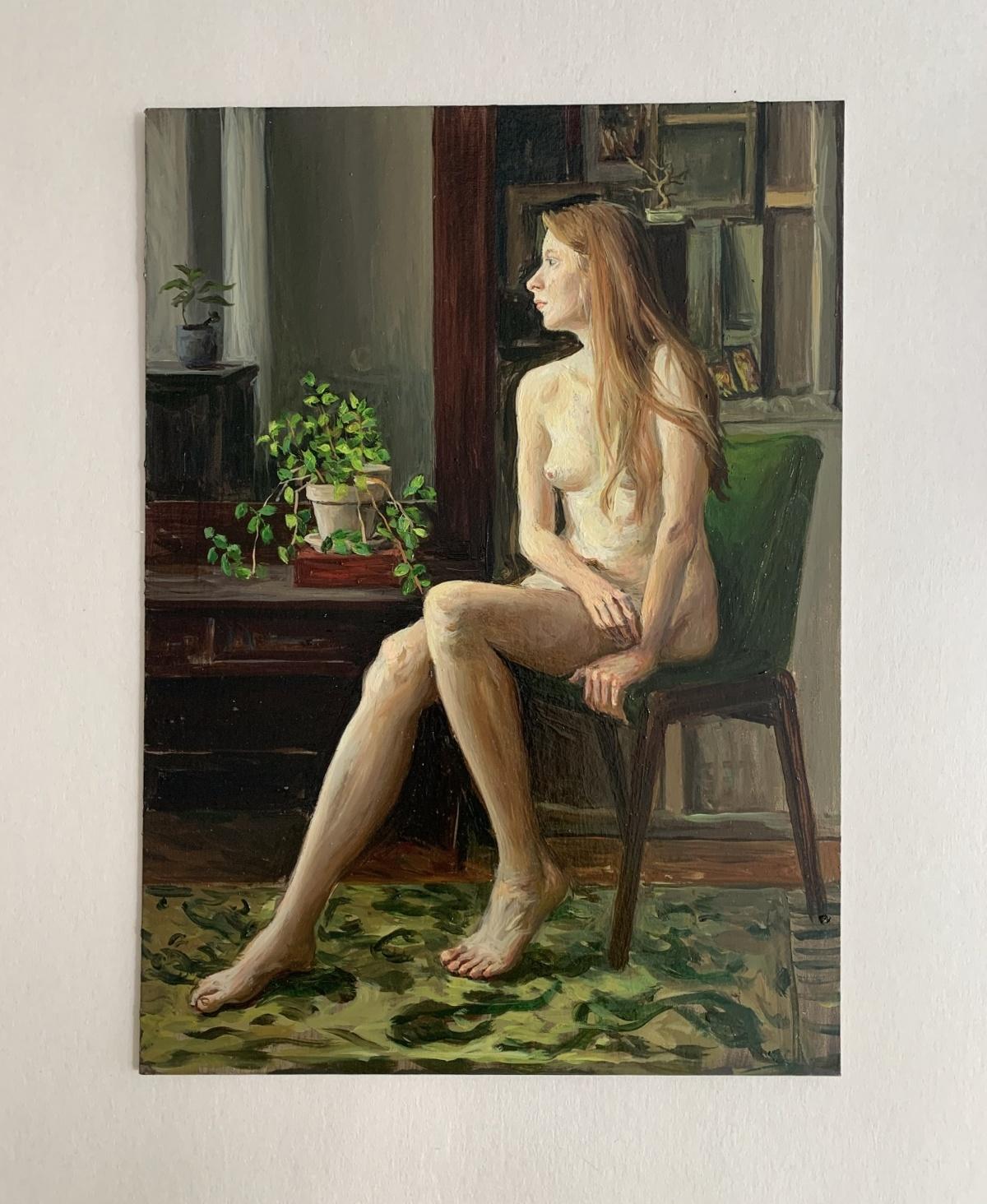 Contemplating. Realistic figurative oil painting, Nude, Young Polish artist - Painting by Agnieszka Staak-Janczarska