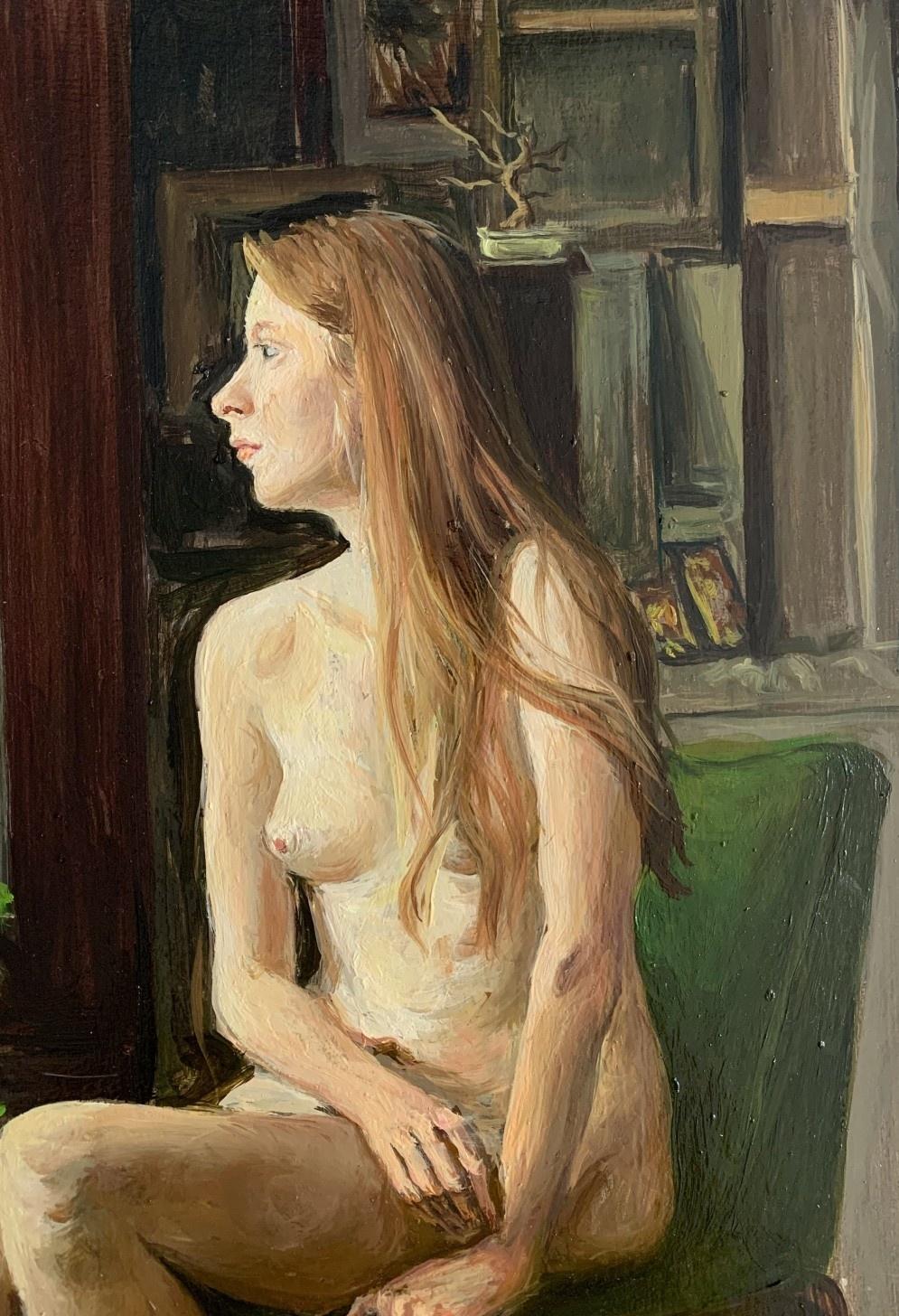 Contemplating. Realistic figurative oil painting, Nude, Young Polish artist - Naturalistic Painting by Agnieszka Staak-Janczarska