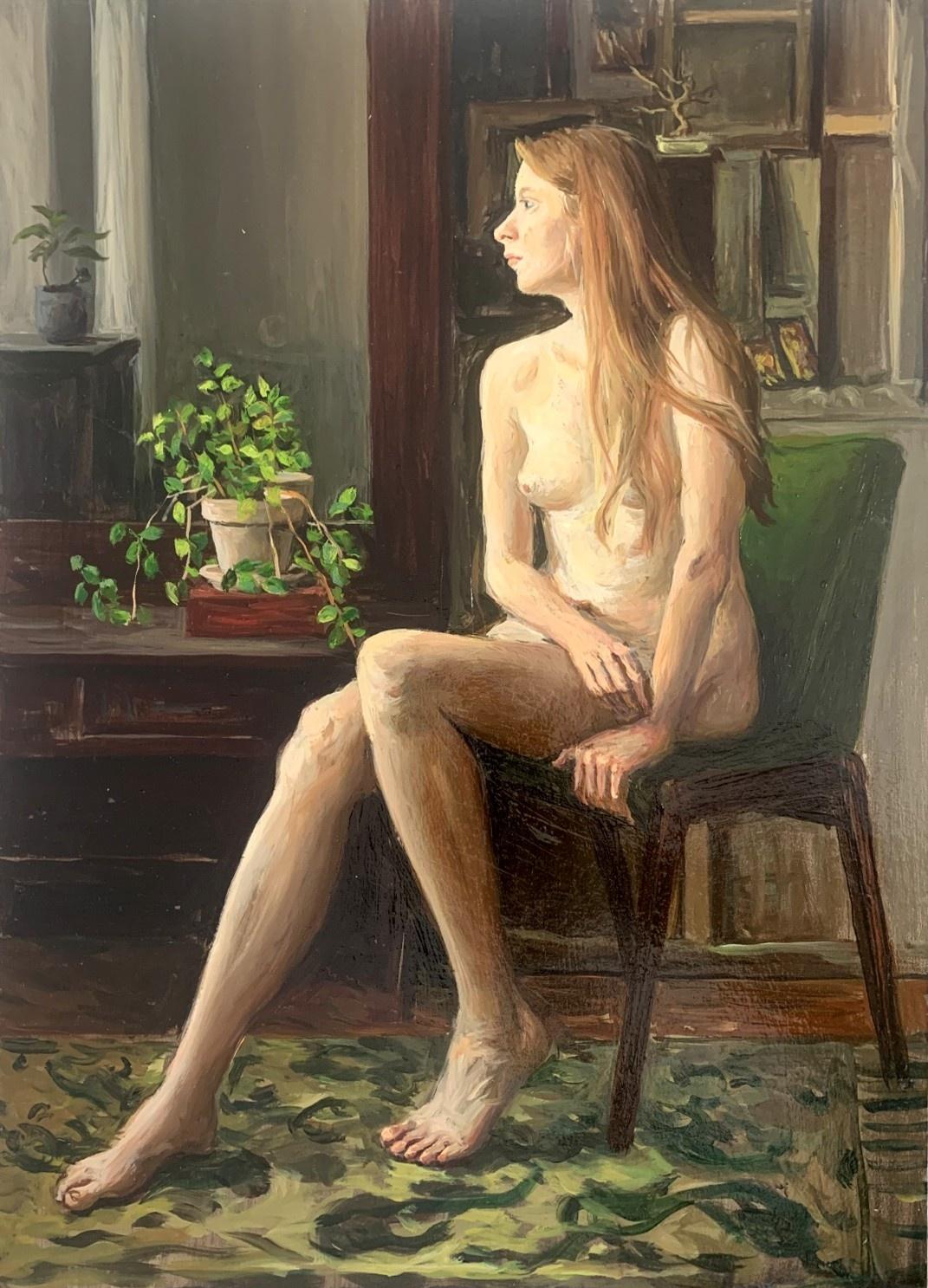 Agnieszka Staak-Janczarska Figurative Painting - Contemplating. Realistic figurative oil painting, Nude, Young Polish artist