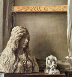 Double vie, peinture à l'huile réaliste, intérieur, jeune artiste polonais