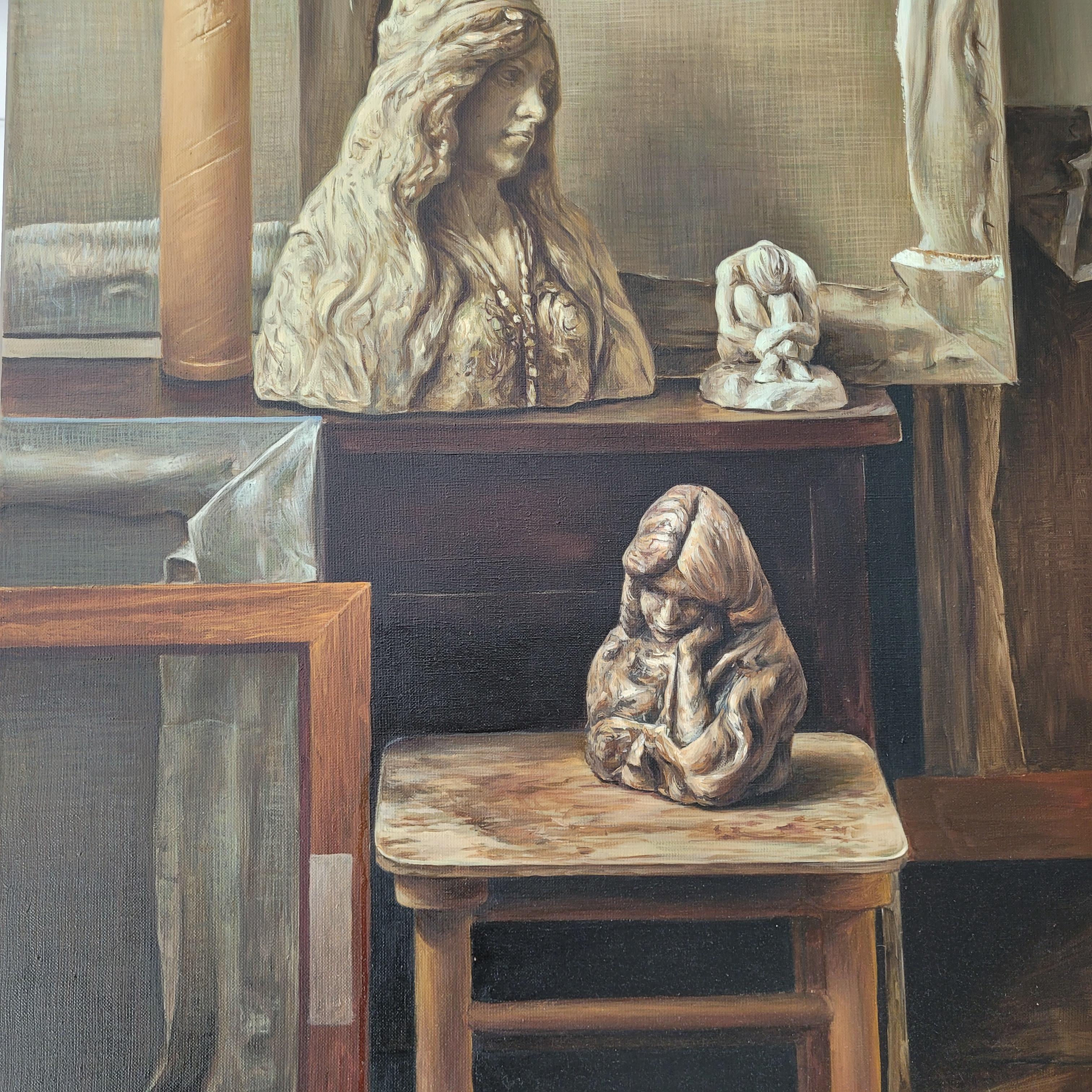 Doppia vita - Pittura ad olio realistica, Interno, Giovane artista polacco - Nude Painting Nero di Agnieszka Staak-Janczarska