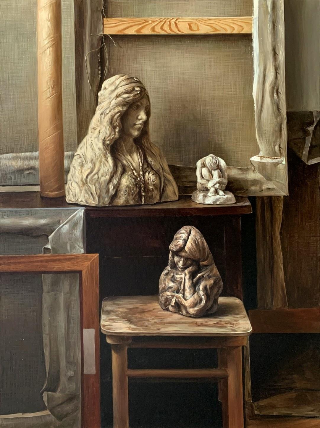 Agnieszka Staak-Janczarska Figurative Painting – Doppelleben – Realistisches Ölgemälde, Interieur, junger polnischer Künstler