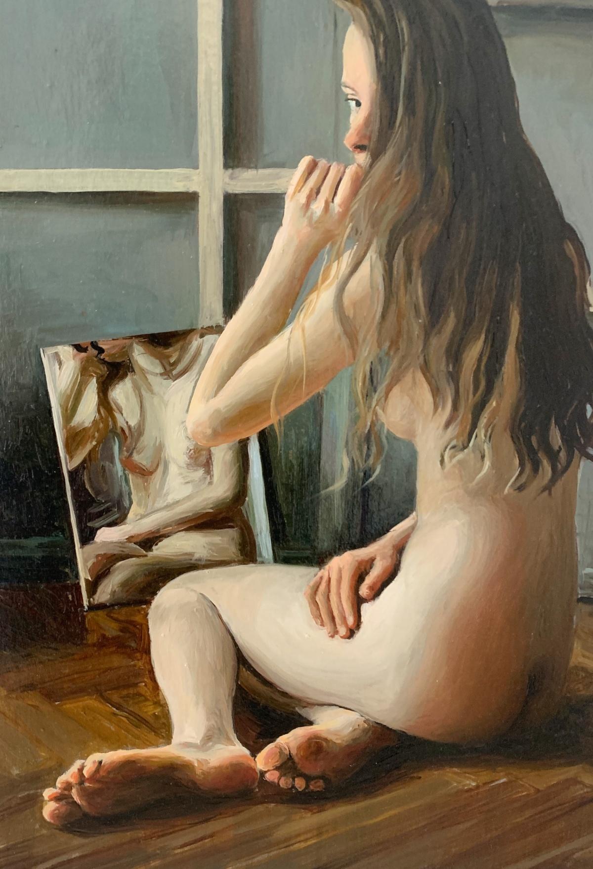 Gazing - Realistic oil painting, Nude, Young Polish artist - Painting by Agnieszka Staak-Janczarska