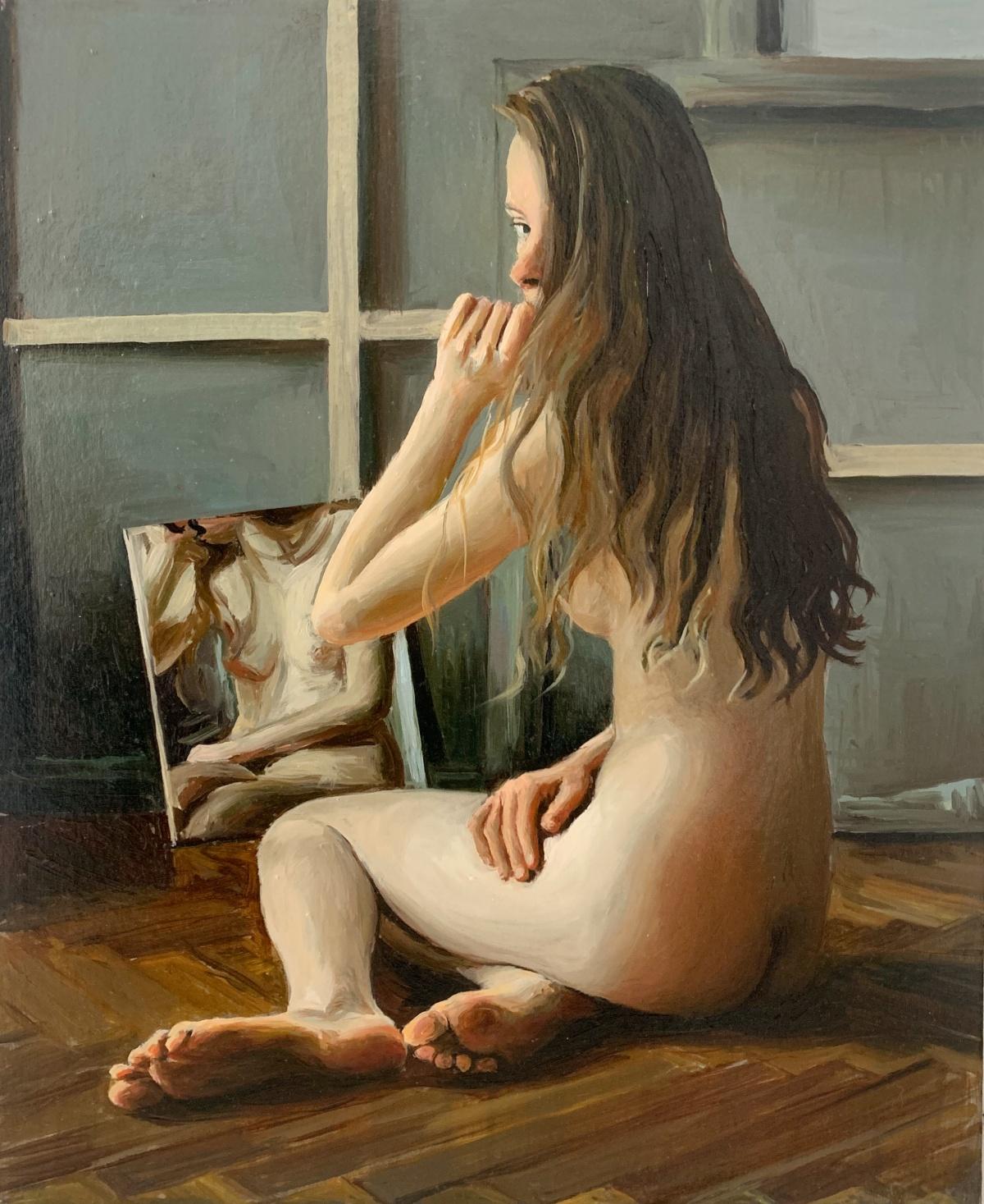 Gazing, peinture à l'huile réaliste d'un nu, jeune artiste polonais