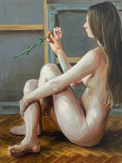 Girl with a rose - Figurative Oil Realistic painting, Young artist, Nude