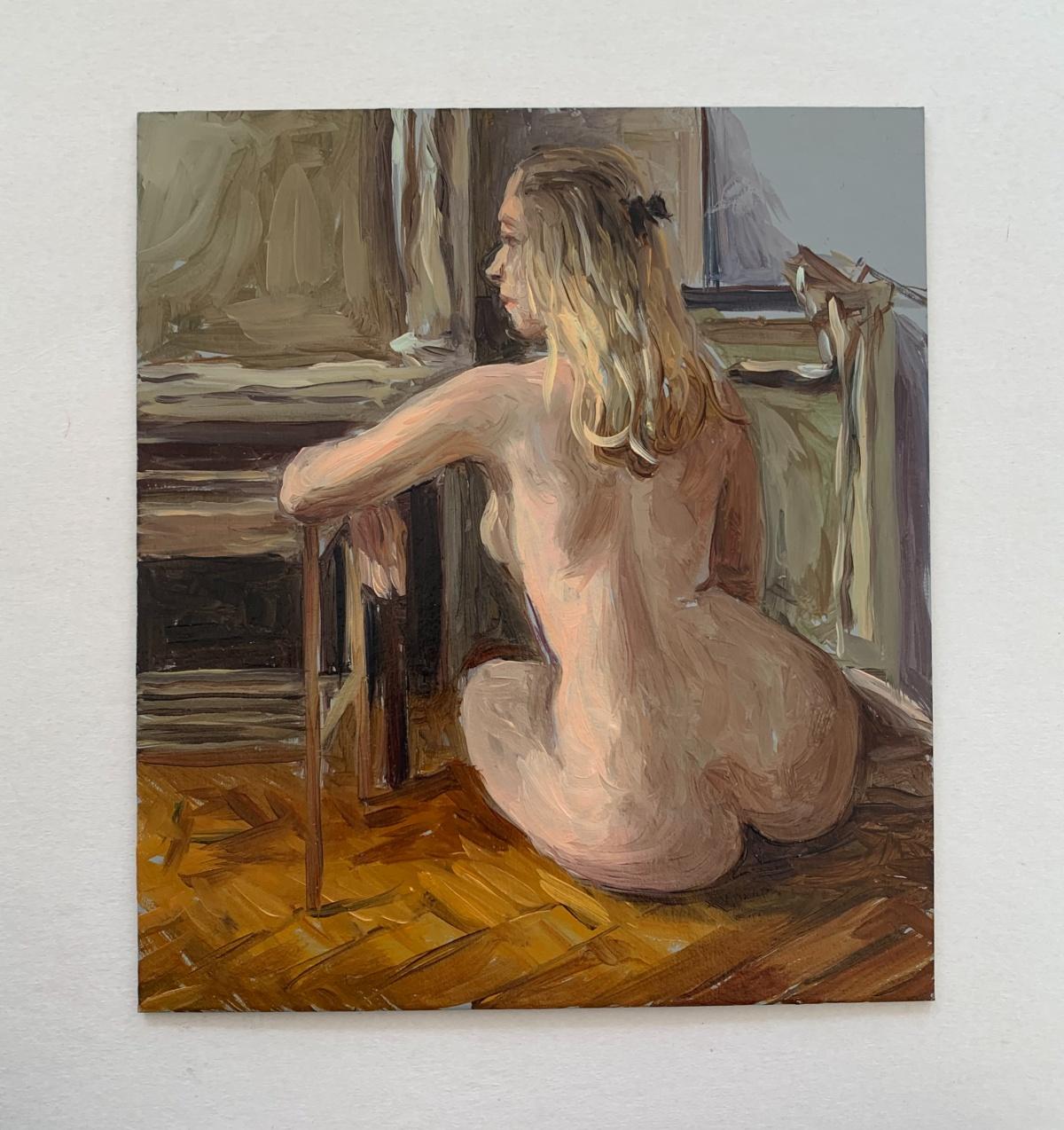 Nude with a bow - Realistic oil painting, Warm tones, Young Polish artist - Painting by Agnieszka Staak-Janczarska