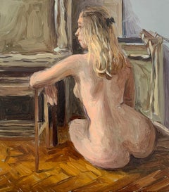 Nude mit einem Bogen - Realistisches Ölgemälde in warmen Tönen, junger polnischer Künstler