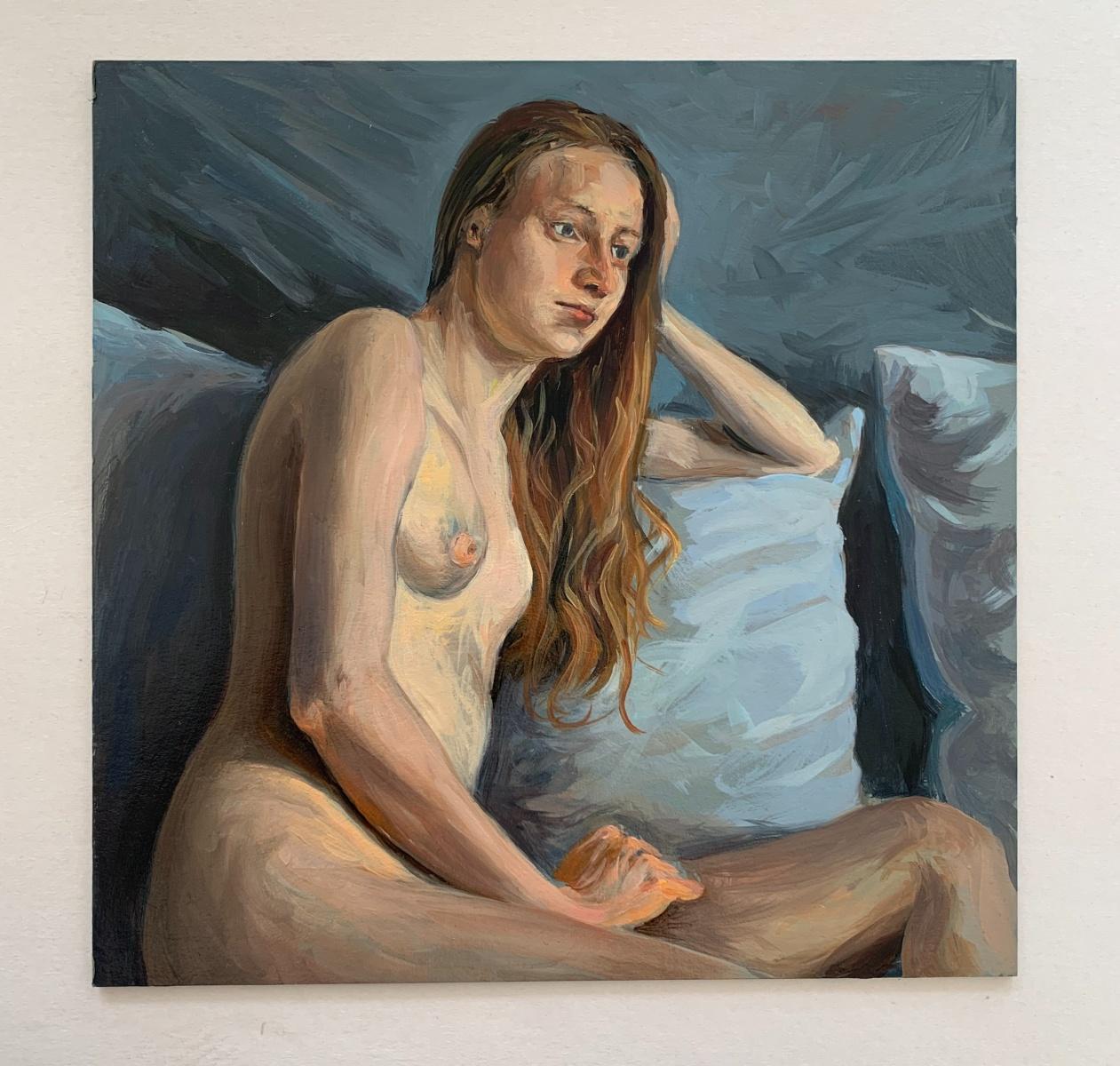 Nude with pillow - Realistic oil painting, Warm tones, Young Polish artist - Painting by Agnieszka Staak-Janczarska