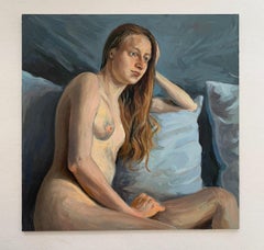 Jeune artiste polonais nu avec coussin - Peinture à l'huile réaliste, tons chauds