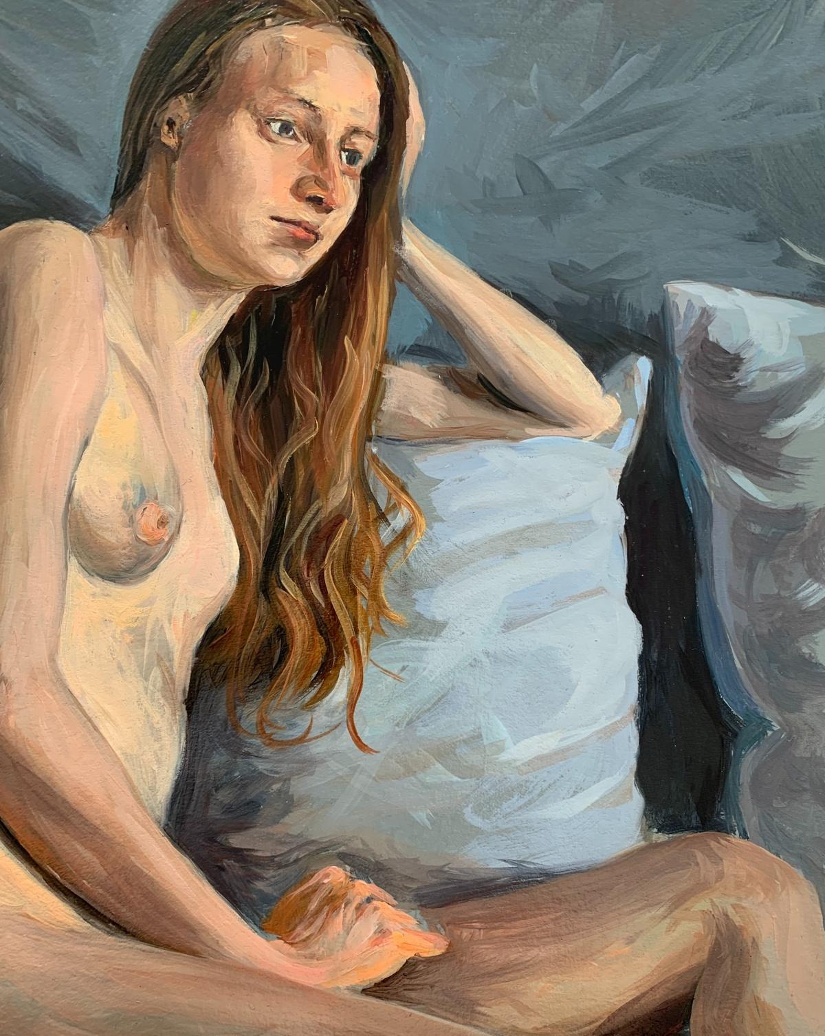 Nude with pillow - Realistic oil painting, Warm tones, Young Polish artist - Gray Nude Painting by Agnieszka Staak-Janczarska